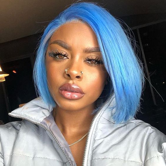 13x6 Light Blue Straight Bob Wig Short Wig Sky Blue Lace Frontal Human Hair Wig