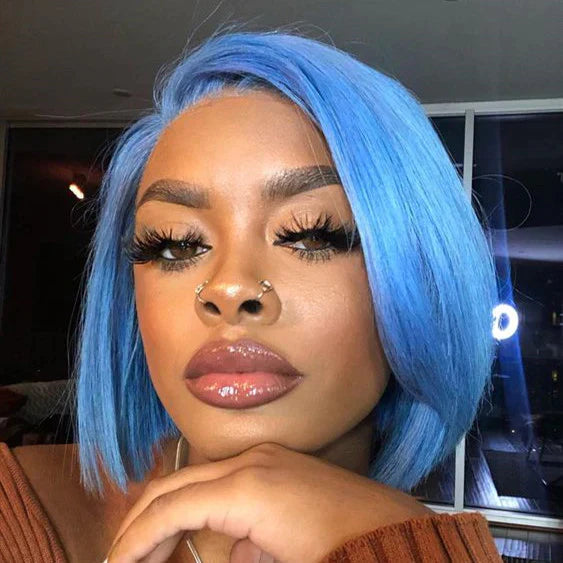 13x6 Light Blue Straight Bob Wig Short Wig Sky Blue Lace Frontal Human Hair Wig
