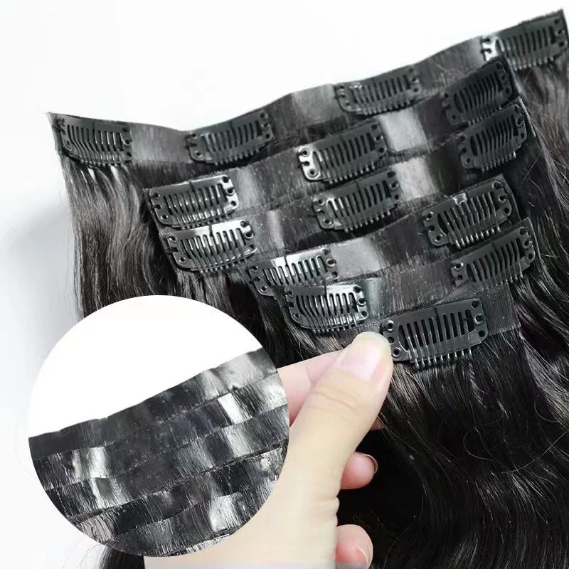 Seamless Clip in Hair Extensions 100g Silicone Weft body Wave Black Hair