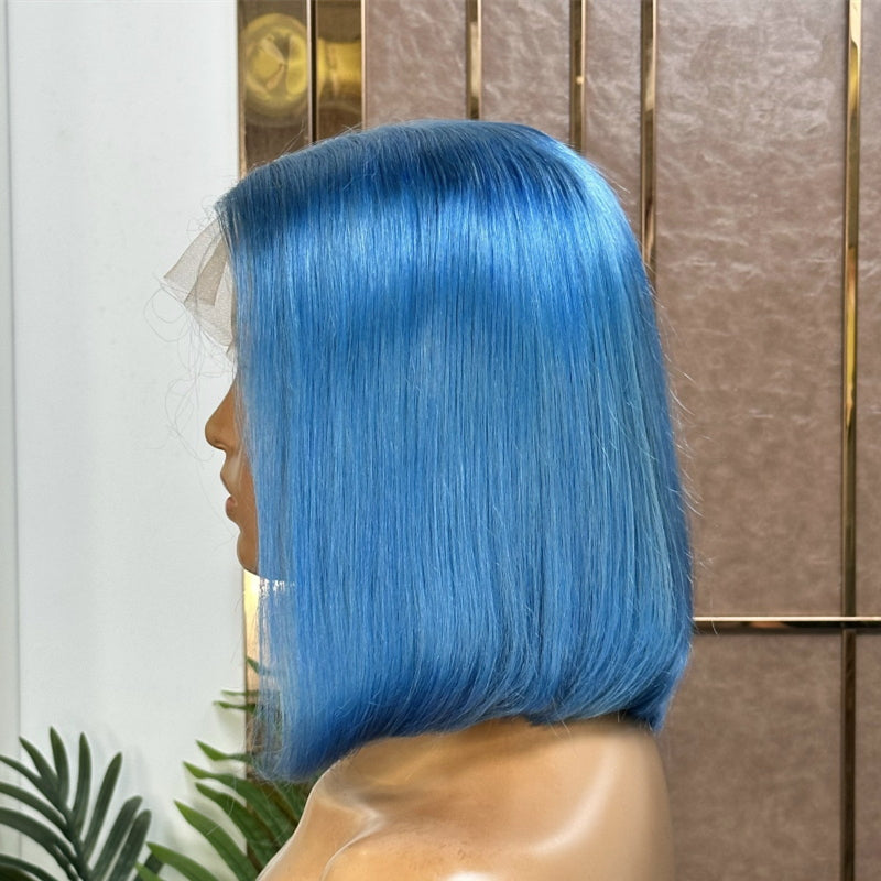 13x6 Light Blue Straight Bob Wig Short Wig Sky Blue Lace Frontal Human Hair Wig