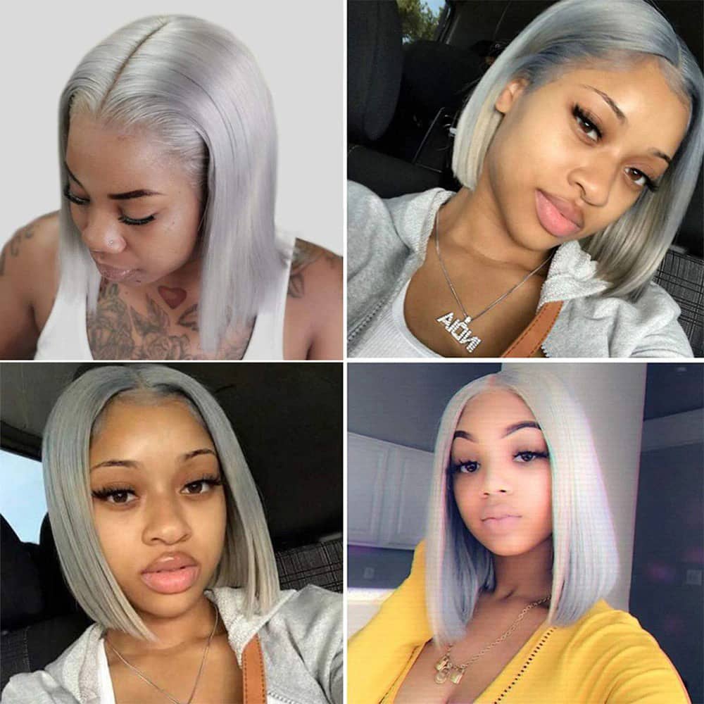 13x6 Grey Straight Lace Front Bob Wigs Colored Human Hair Wigs Lace Frontal Wig