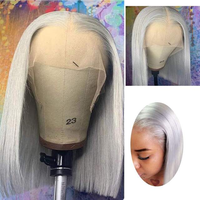 13x6 Grey Straight Lace Front Bob Wigs Colored Human Hair Wigs Lace Frontal Wig
