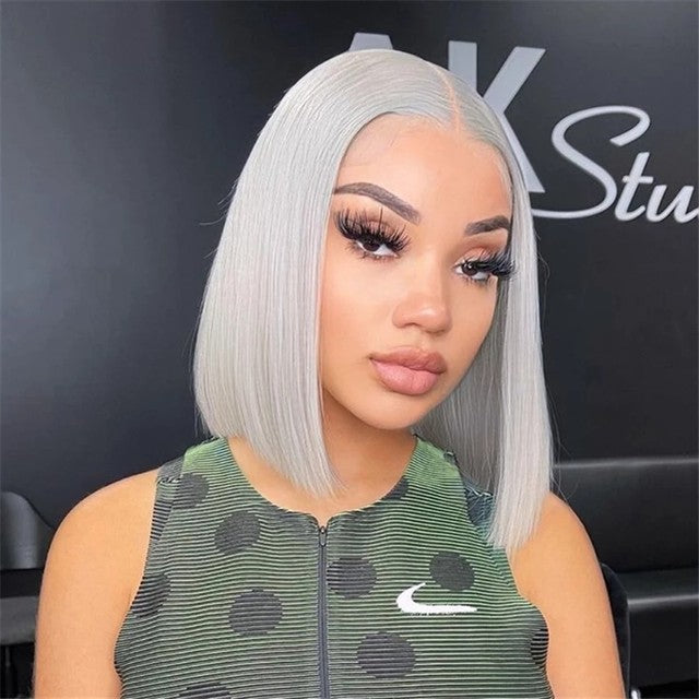 13x6 Grey Straight Lace Front Bob Wigs Colored Human Hair Wigs Lace Frontal Wig