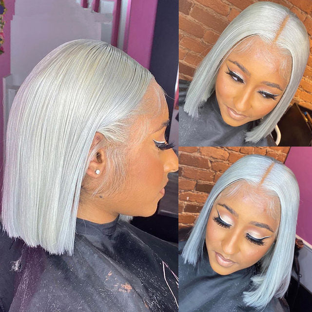 13x6 Grey Straight Lace Front Bob Wigs Colored Human Hair Wigs Lace Frontal Wig