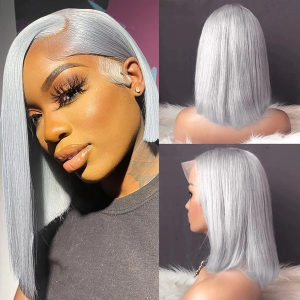 13x6 Grey Straight Lace Front Bob Wigs Colored Human Hair Wigs Lace Frontal Wig